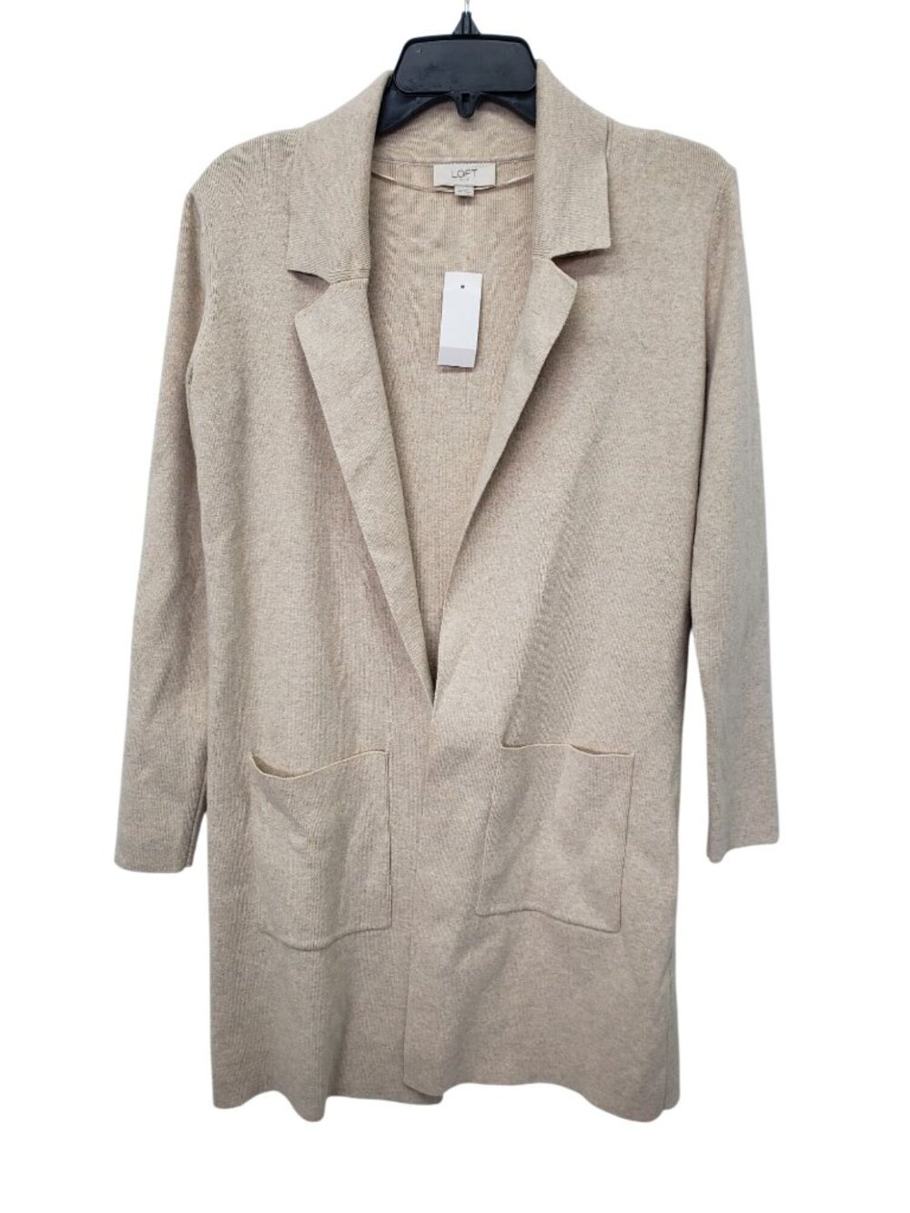 NEW Loft Beige Open Front Collared Long Line Cardigan Sweater XS Neutral Minimal